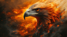 An Eagle standing in the middle of the fire. He looks out over the world. Fire particles are all around. 