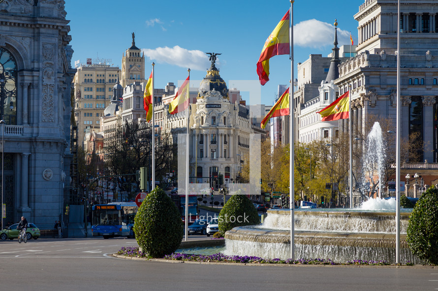 round-about and Metropolis Buildings in Madrid Spain