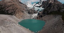 Fitz Roy - Turquoise Water Of Lake In The Mountain At Los Glaciares National Park In Patagonia, Argentina. - aerial pullback