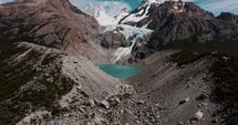 Flying Over Laguna de los Tres With Mount Fitz Roy In Patagonia, Argentina, South America. Aerial Drone Shot