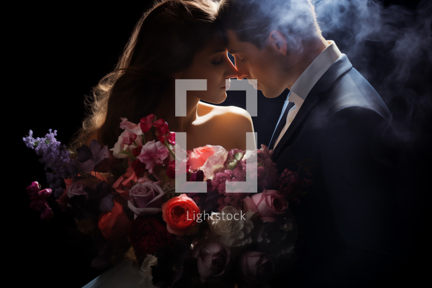 AI Generated Image. Couple in love kissing and holding bouquet of flowers