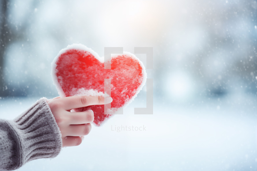 AI generated image. Female hand holding red heart shape in a winter landscape with snow