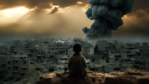 Child from Middle East watching the war from above. Urban landscape with clouds and sun rays