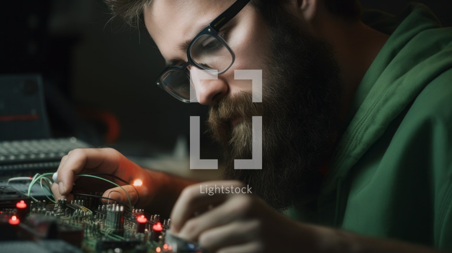 AI generated image. Bearded man working computer laboratory