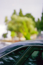 Rain drops on a car in front of a blurry tree