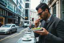 AI Image. Businessman having vegan fast food on a street