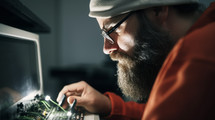 AI generated image. Bearded man working computer laboratory 1