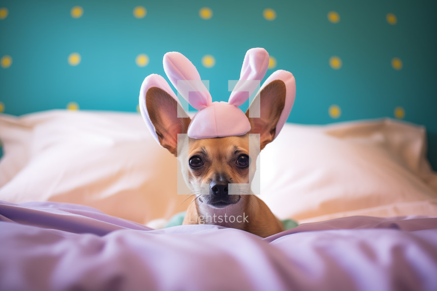 AI Generated Image. Cute little dog on a bed wearing Easter bunny ears