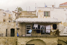 Clothesline on balcony in Jaffa, Israel