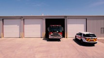 Fire truck leaving county fire station in Los Lunas New Mexico