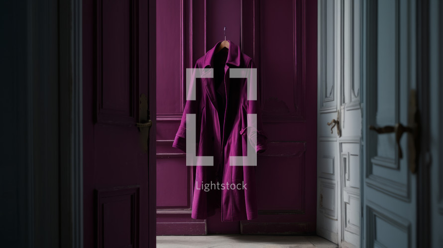 AI generated image. Deep magenta coat hanging on a door in classic interior