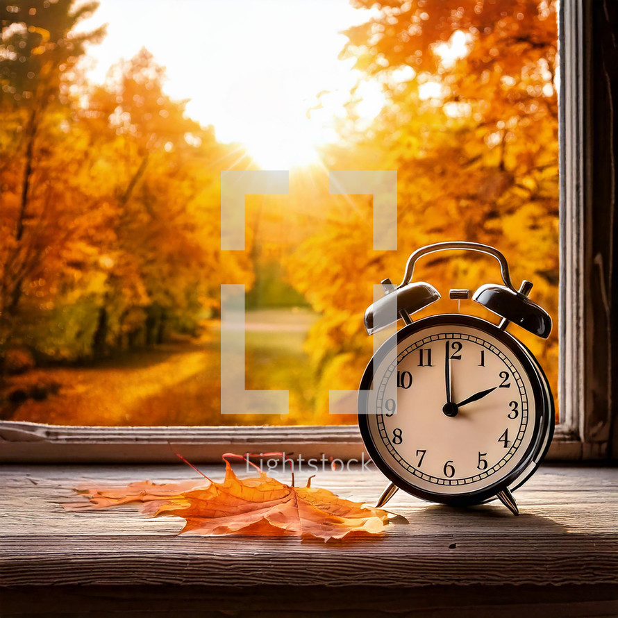 A clock positioned on a window sill displays the time. The setting includes elements like a tree outside the window and hints of autumn in the atmos.