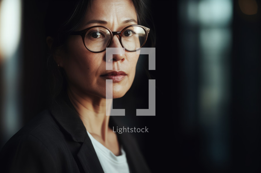 AI generated image. Successful Asian middle-aged woman wearing smart casual jacket and eyeglasses in the office