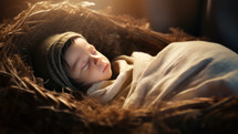 Cute baby with covered head sleeping in a manger. The story of the Nativity