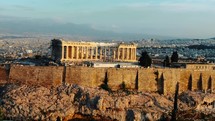 Temple Athens Acropolis And Parthenon. Drone Shot With Beautiful Golden Light