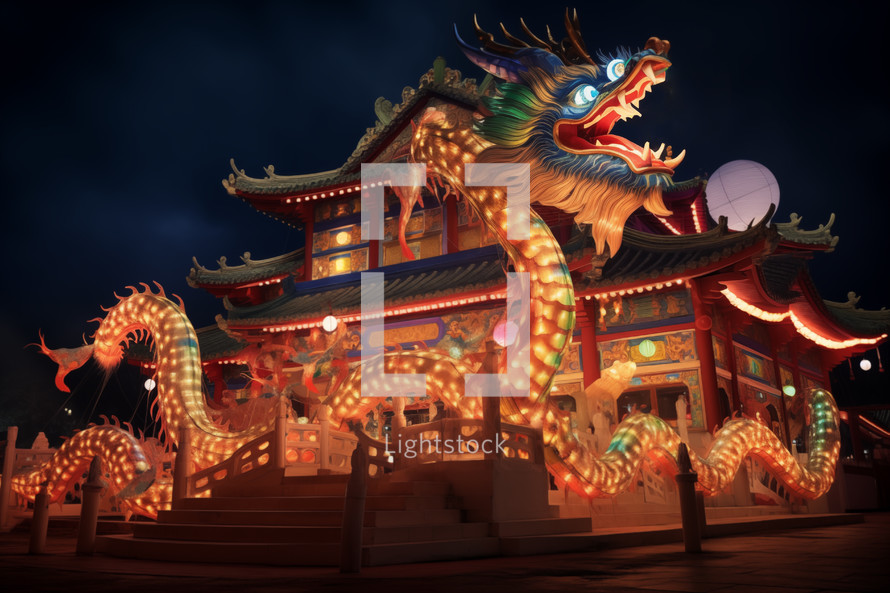 AI generated image. Giant old Chinese dragon temple. Chinese Lunar New Year concept