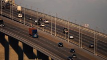 Long lens telephoto view of suspension bridge in Long Beach California USA