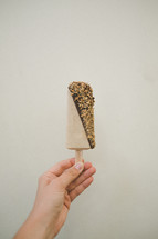 A hand holding an ice cream bar.