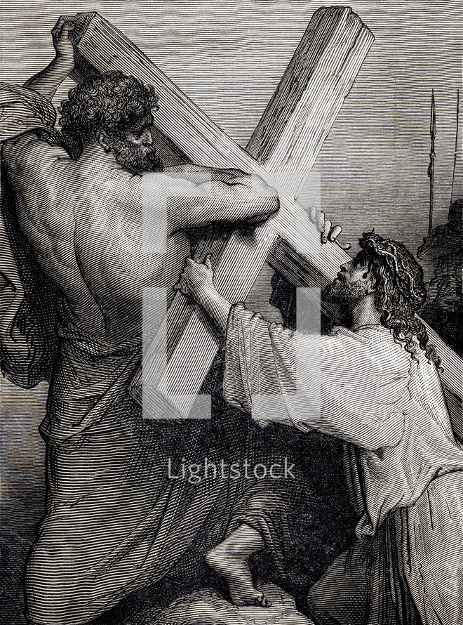 A painting depicting Jesus falling beneath the cross.