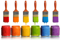 rainbow of paints and paint brushes 