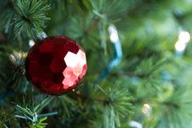 red ornament on a Christmas tree 