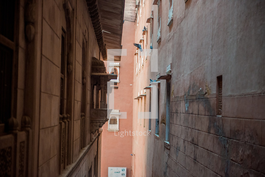 narrow space between buildings in Bikaner, India 