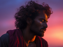 A portrait of a man praying at sunset