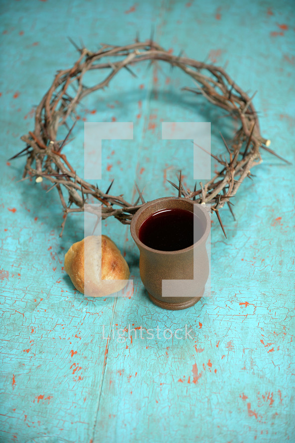 crown of thorns, wine, and bread 