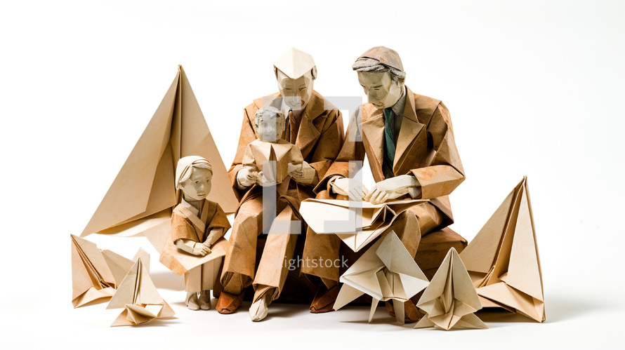 Paper mache origami scene of a grandfather, dad, and two children. 