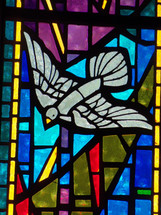 A stained glass window depicting the Holy Spirit descending like a dove surrounded by blue, red, lavender and gold colors adorning a church sanctuary worship center. 