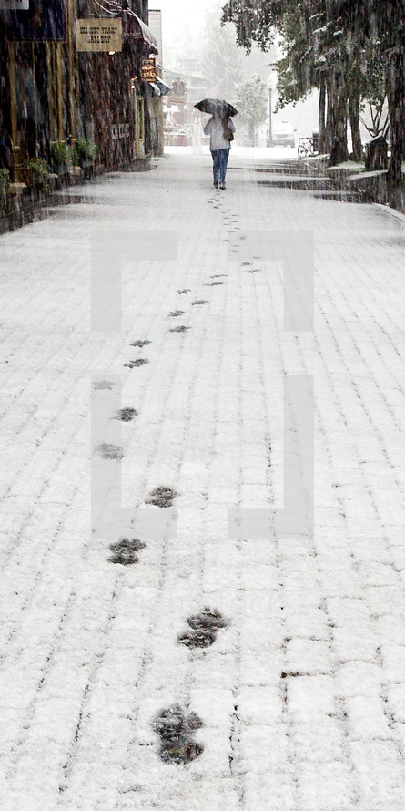 Woman walking with umbrella, leaving footprints in the snow on a brick sidewalk.