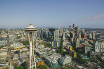 Aerial view over Seattle Space needle 