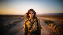 A portrait young Female IDF Soldier looking into the camera. The desert is in the background. 