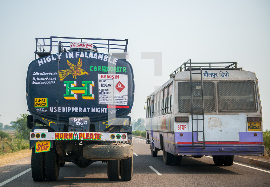truck and bus on a highway in India 
