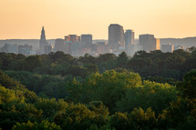 City of Hartford Connecticut skyline and trees at golden hour