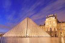 The Louvre Pyramid at dusk. Paris, France - for editorial use only.