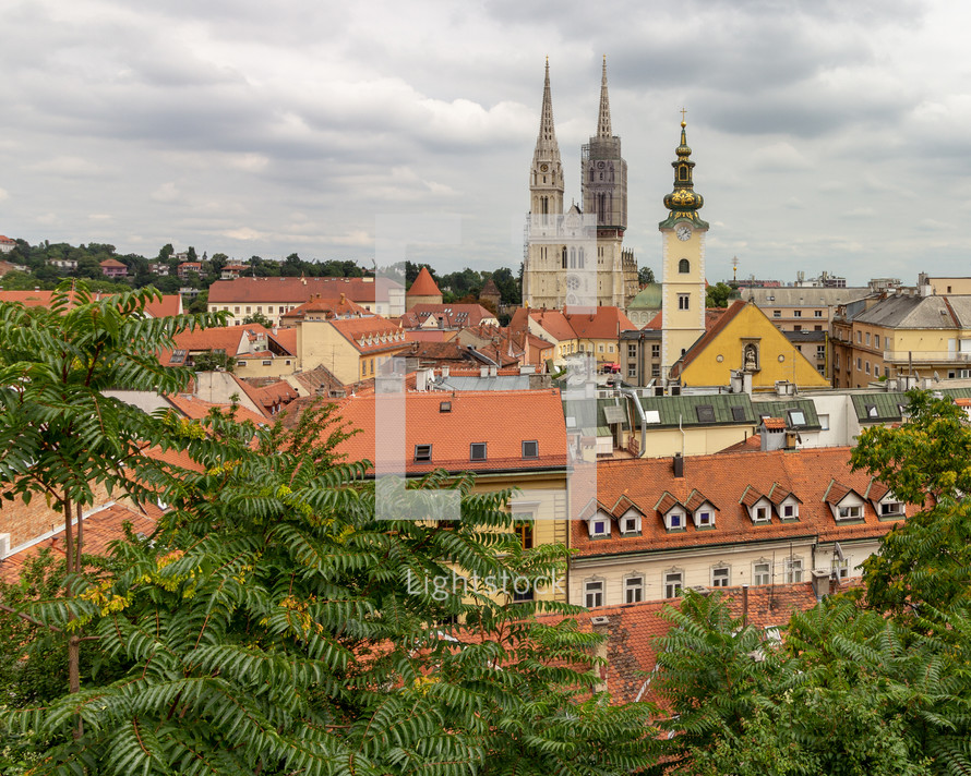 From an overlook in Zagreb, Croatia's Upper Town you can see many landmarks in Lower town like Zagreb Cathedral and Saint Mary at Dolac