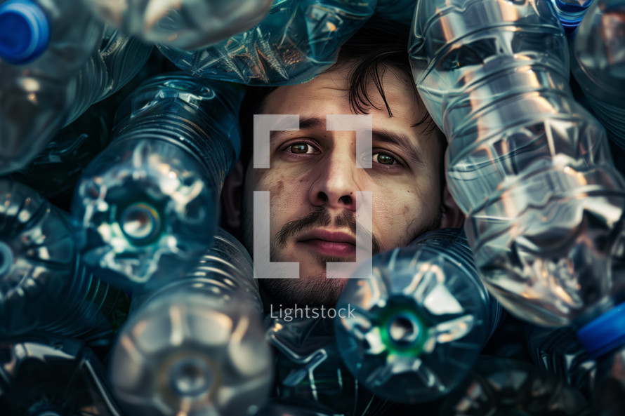 AI Image. Man submerged and surrounded by plastic bottles
