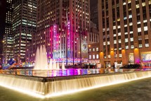 fountain in New York City at night 