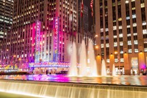 fountain and Radio City music hall sign in NYC 
