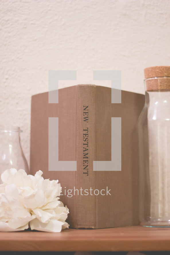 flowers, glass bottles, The New Testament, book, shelf, wood 