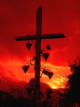 A sculpture image of the Cross shaped like a vine or branch surrounded by branches and clusters of grapes against a red sky and sunset.