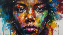 Abstract colorful oil painting of a black woman's face looking at the view. 