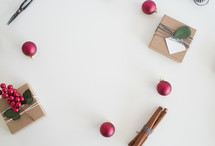 scissors, border, ornaments, white background, Christmas, festive, red, cinnamon sticks, gifts, presents, desk