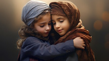 Expressive portraits of Arab and Jewish girls embracing each other. Peace and family concept