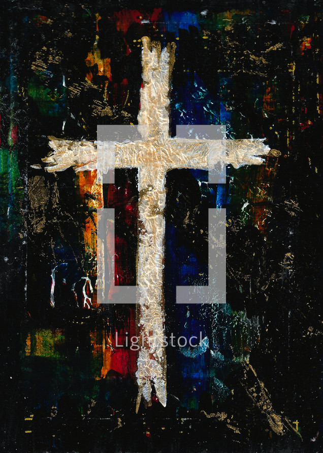 abstract art painting with white and gold cross, suitable for framing