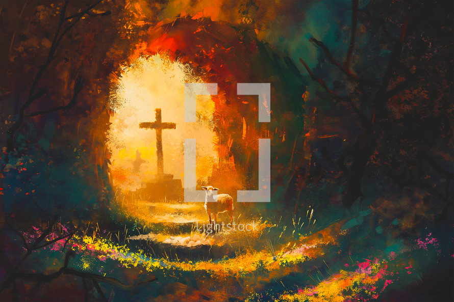 A painting of the cross inside the empty tomb with the lamb of God in the forefront 