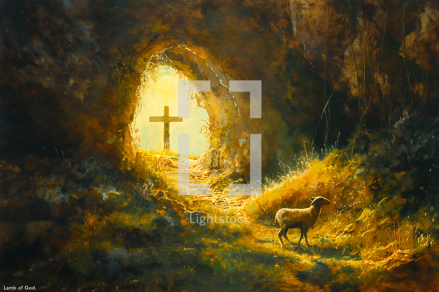 A painting of the cross inside the empty tomb with light pouring through to shine on the lamb of God