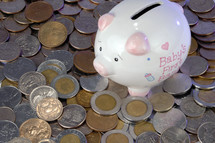 piggy bank and coins of various currency 