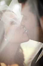 bride and groom kissing through a veil